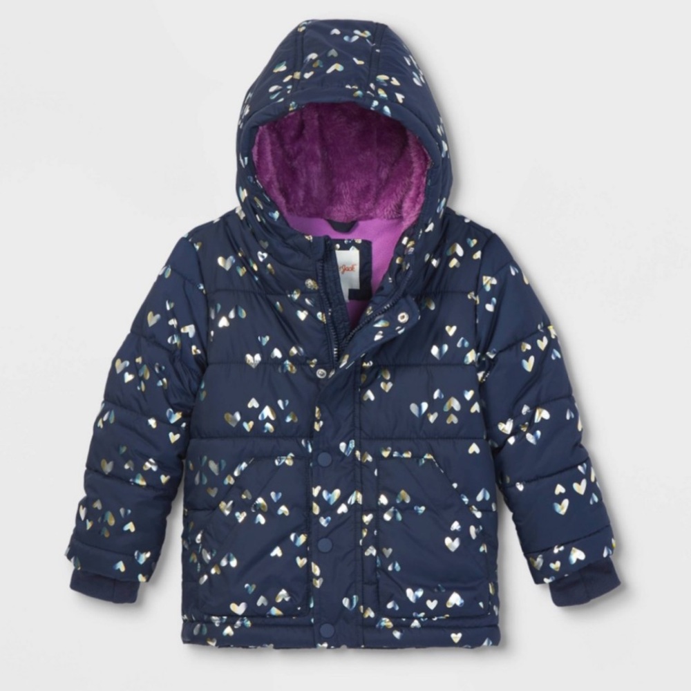 Kids Navy Heart-Print Puffer Jacket with Purple Lining